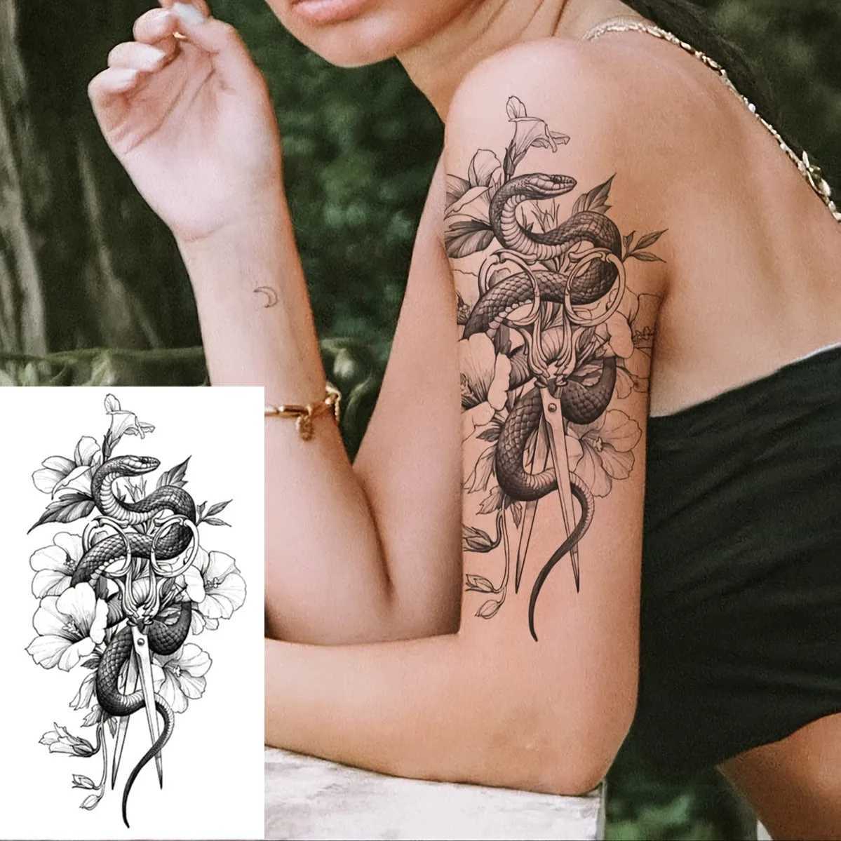 Waterproof Temporary Tattoo Stickers Black Dragon Flash Tattoo Female Snake Rose Body Fake Tattoo Flower Arm TattooXJ25414