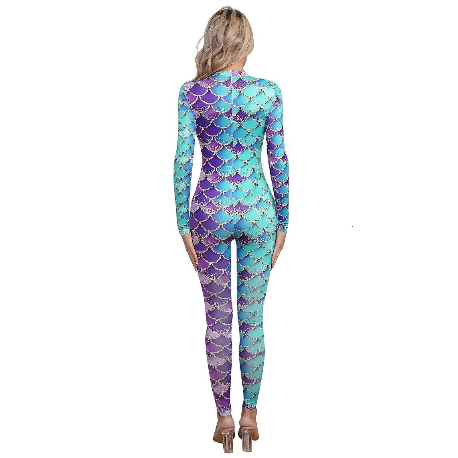 Women Mermaid Jumpsuit Swimsuit Long Sleeve Zipper Shiny Fish Scale Print Bodysuit Swimwear Rash Guards Beachwear Bathing SuitW251113