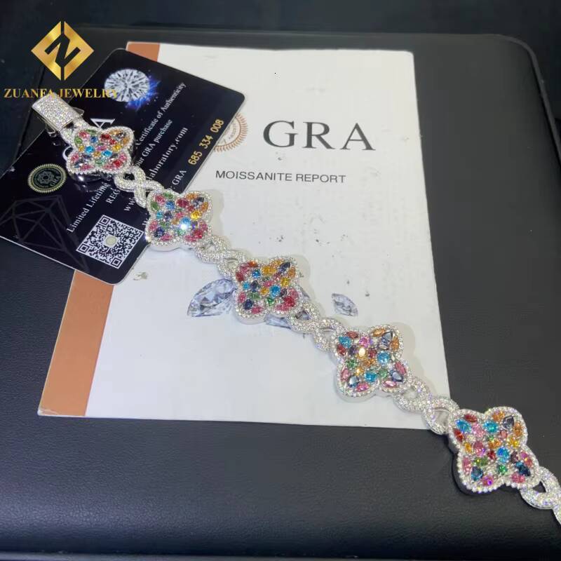 New Designs Pass Diamond Tester Moissanite Colored Four-Leaf Clover Bracelets 925 Sterling Silver Moissanite Mens Bracelet