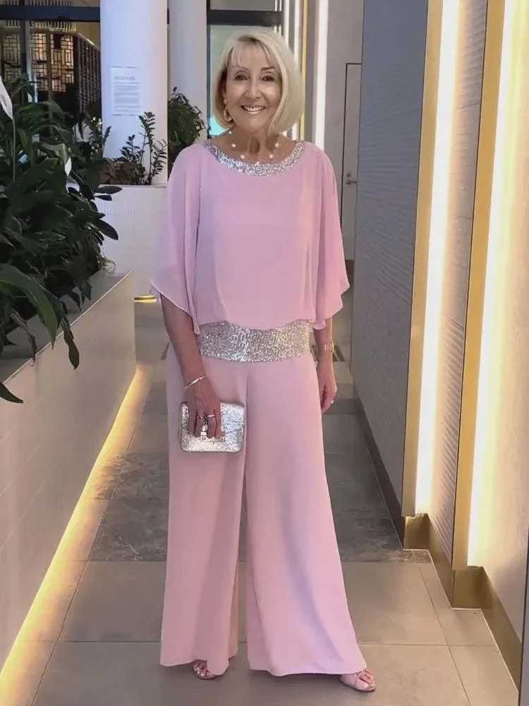 Summer fashion new Ele womens chiffon set round neck sequin color bat shirt wide leg pants set fashion two-piece setXJ250414