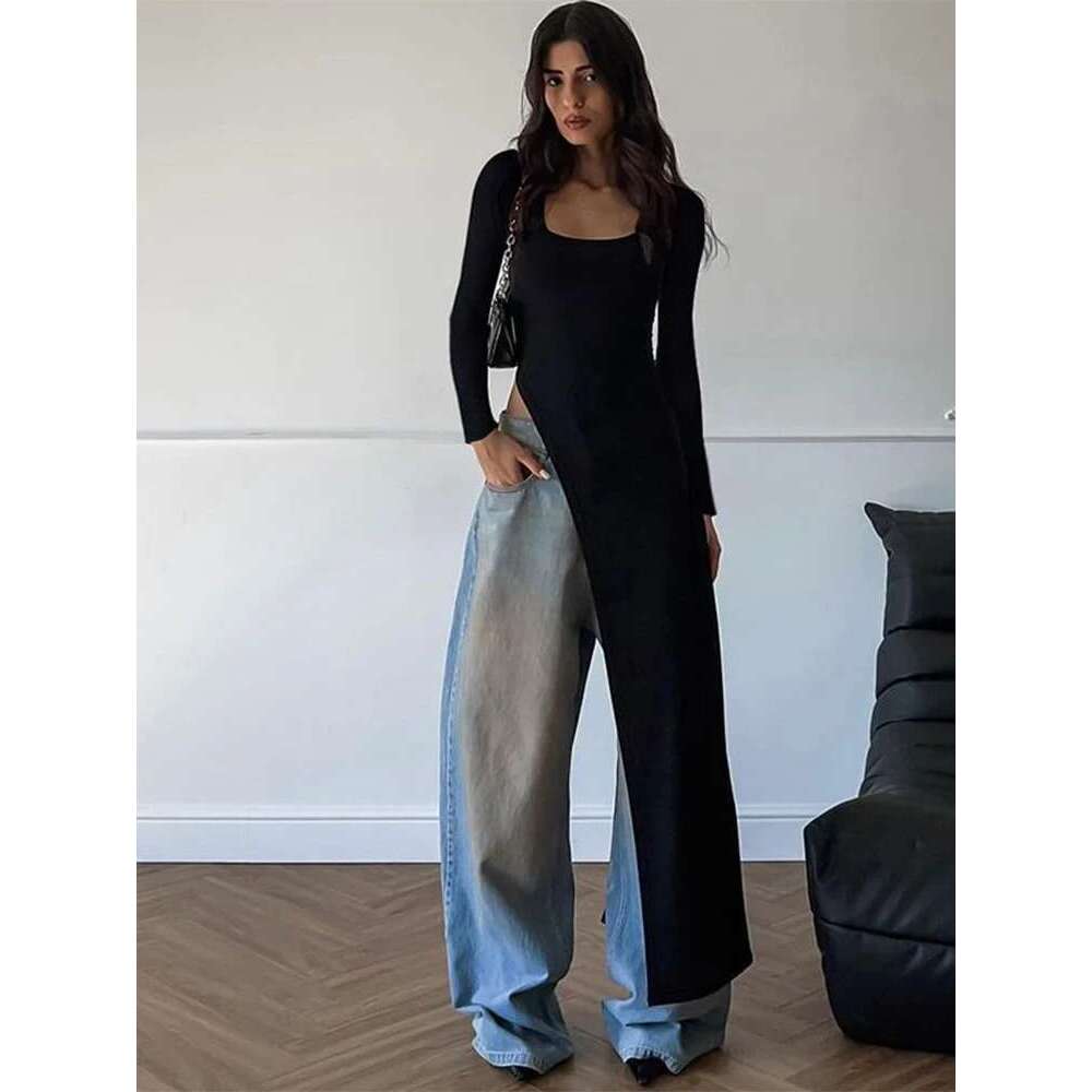 Nibber Classic Women Long Top Irregular Autumn Simple Temperament Trend Solid Street Casual Special Stretchy Chic Fit Tees