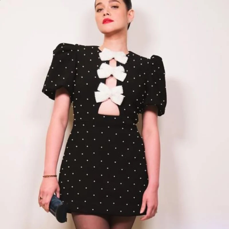 Bow Hollow Out Womens Black Dress Sexy Short Sleeve Party Mini Bandage O-neck Dresses Spring Elegant Shinny Robe 250409