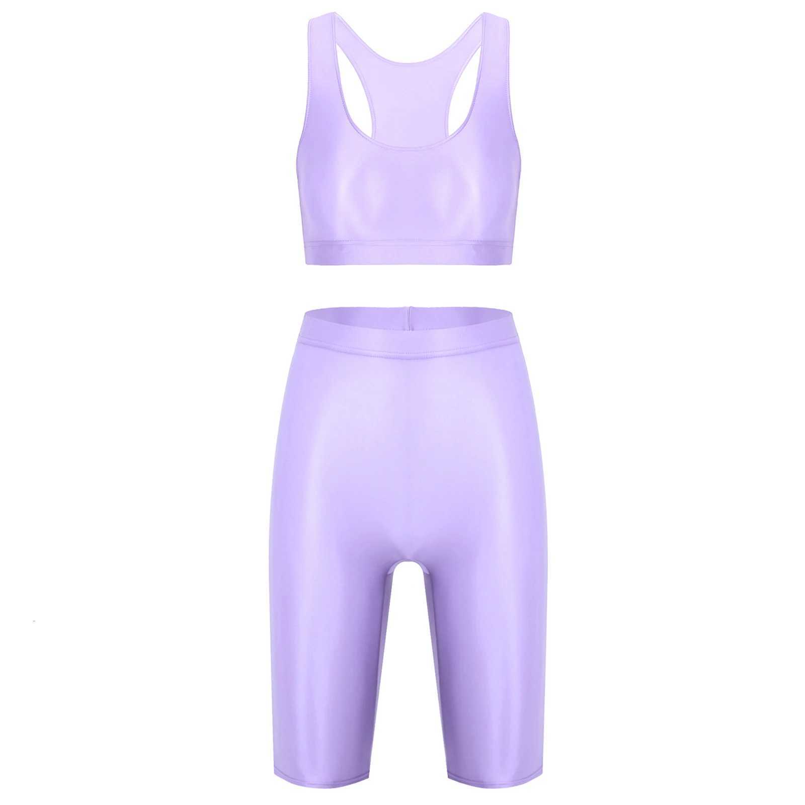 Womens Gymnastics Swimsuit Swimwear Two-piece Rave Outfit Sportwear Glossy U Neck Sleeveless Crop Tank Top High Waist ShortsW251113