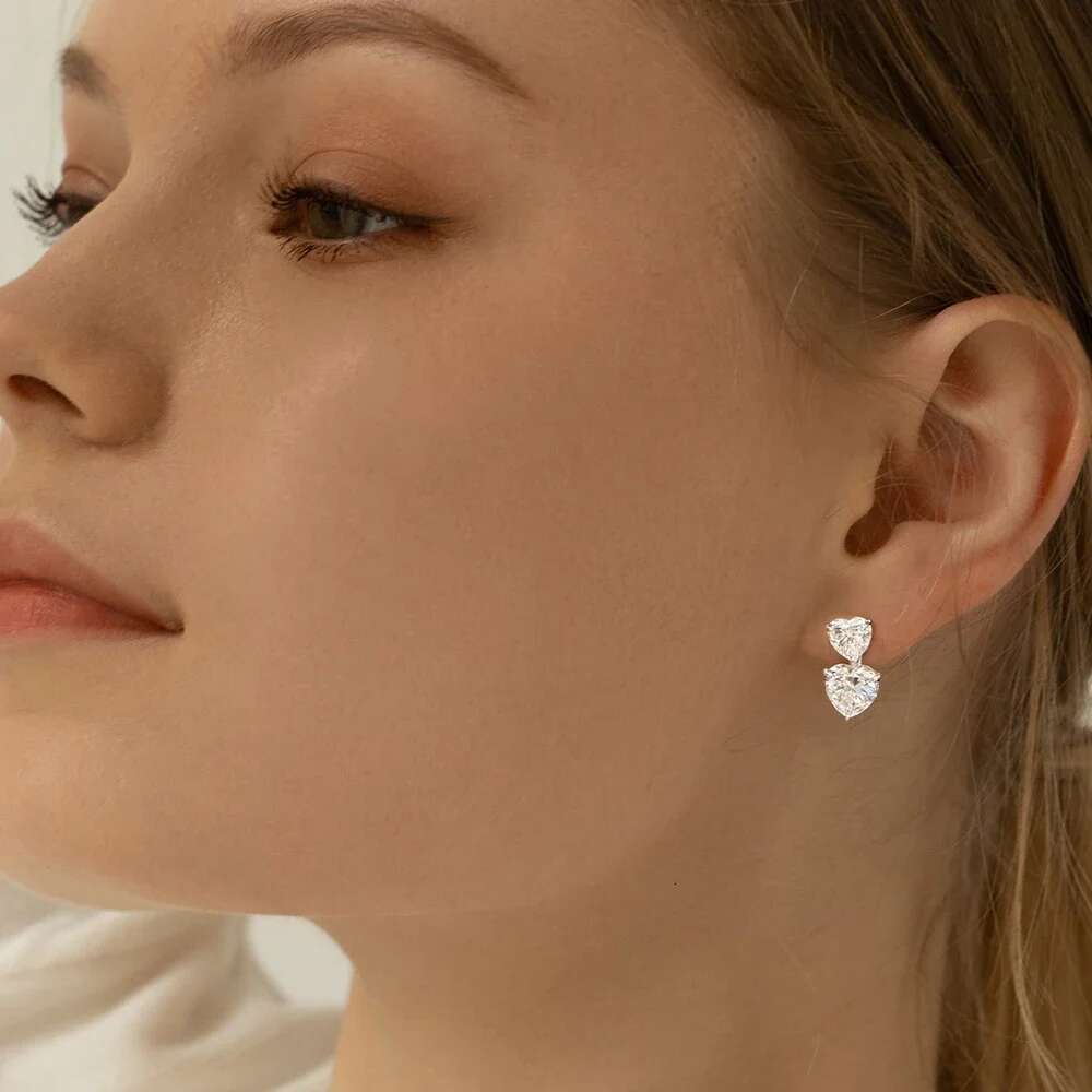Double Heart Cut Moissanite Diamond Drop Earrings with Gra Certificates 925 Sterling Silver Stud Earring for Women Fine Jewelry
