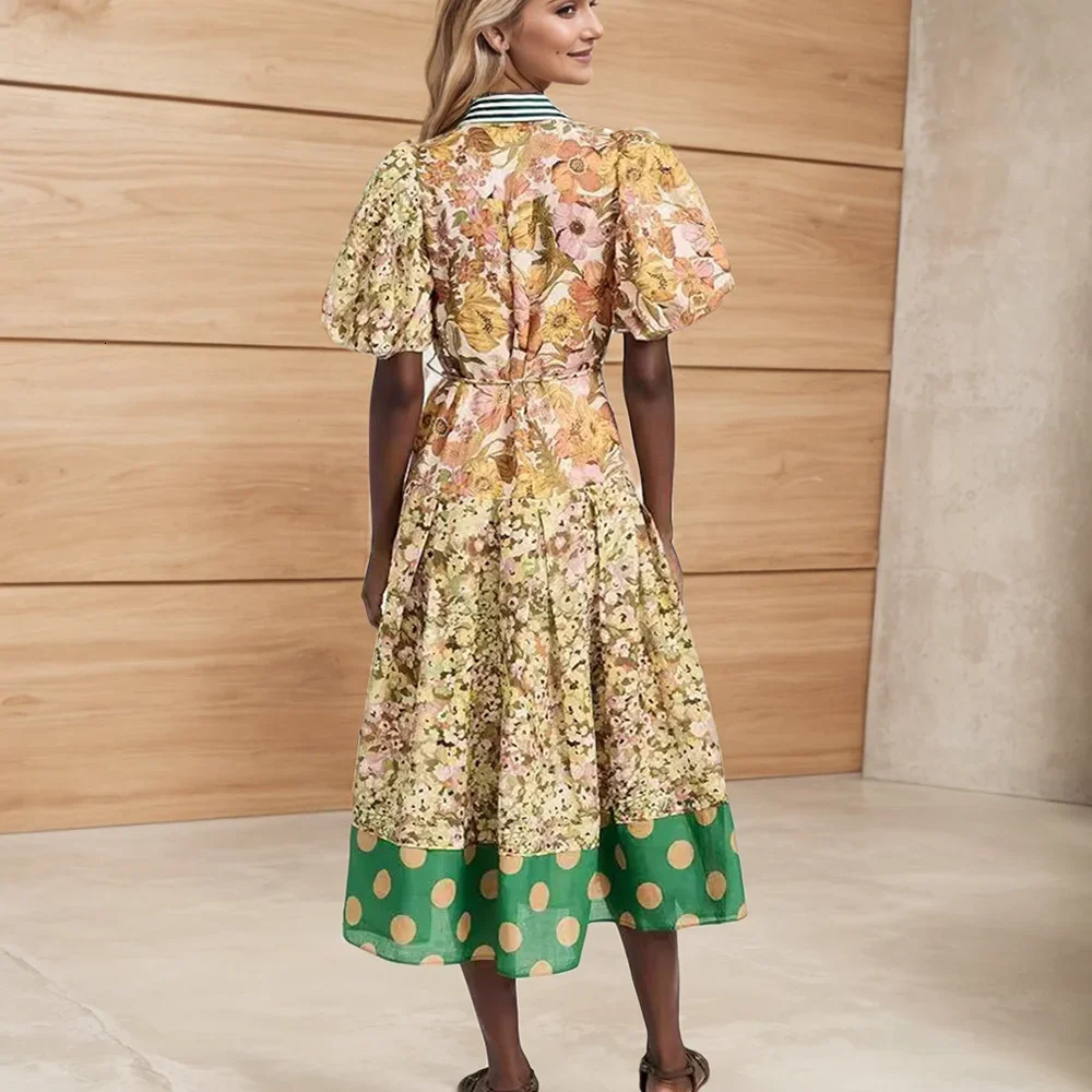 Summer Womens Single Chest Long Lantern Sleeve Graffiti Printed Tie Waist Dress Beach Vacation Flower Bohemian 250411