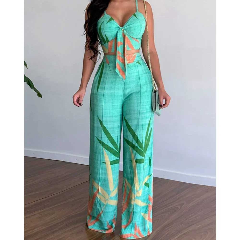 Summer womens tropical printed spaghetti strap casual lace strap top and high waisted pants set 2-piece set 2023 womens clothingXJ250414