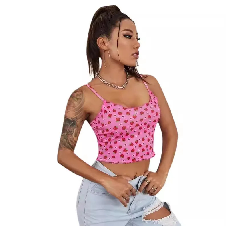 2024 Summer Womens Sling Top Sexy Sports Single Shoulder Strapless Vest Strawberry Printed Crop 250407