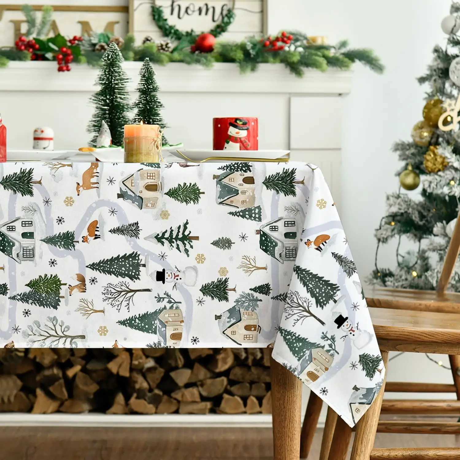 Christmas Christmas Tree Snowman Deer Polyester Tablecloth for Table Decor Winter Xmas Kitchen Dining Table Cloth Christmas Decorations Y251113
