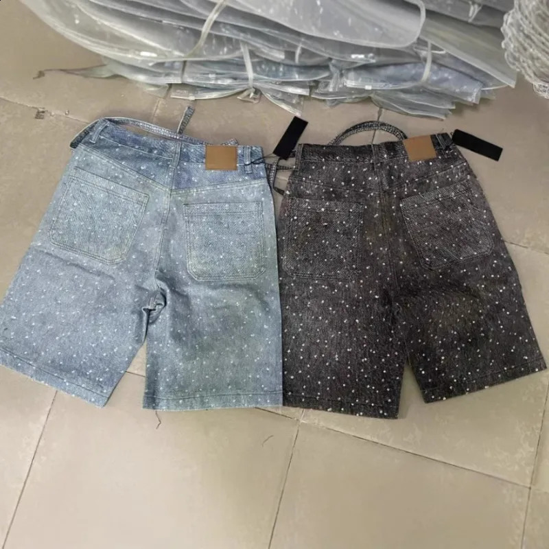 PFNW American High Street Heat-melting Rhinestone Denim Shorts Mens Loose Straight Knee Length Pants Belt Jeans 28W6067 250411