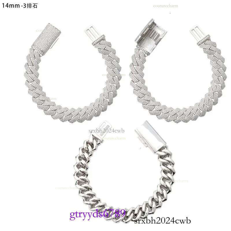 14mm 18-24inch Fine Jewelry Ice Out Flashing Mossanite Dia Necklace Sterg Sier VVS Moissanite k Cuban Chain Bracelet sets