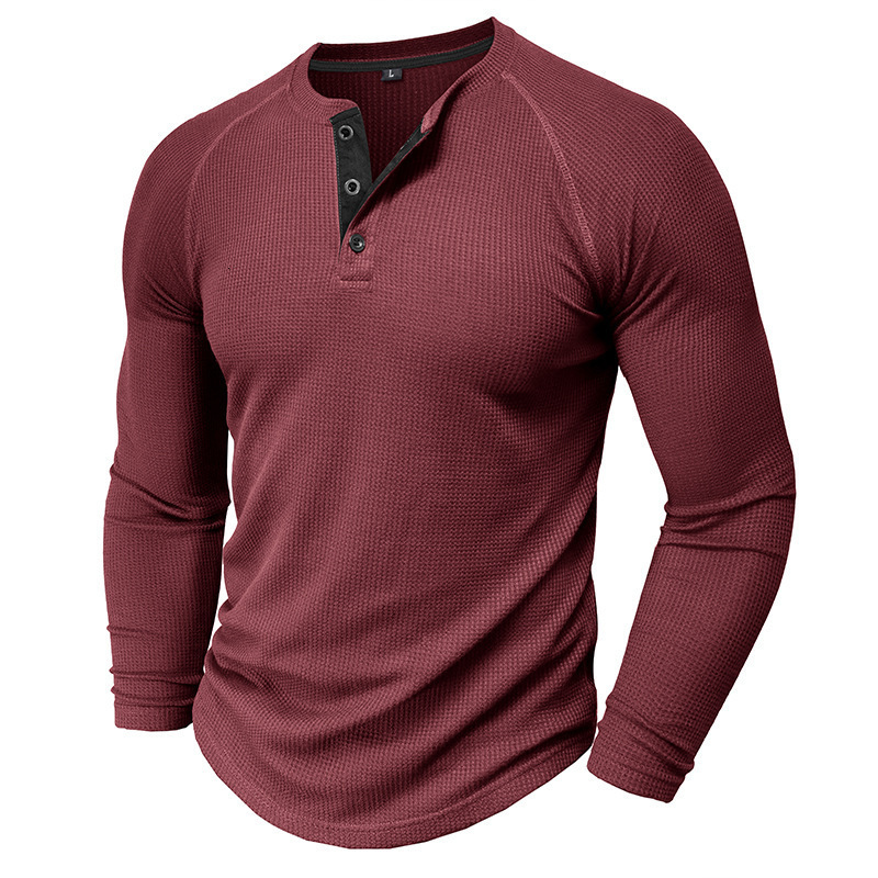 Mens Waffle Henley collar pullover long sleeved T-shirt solid color texture base shirt