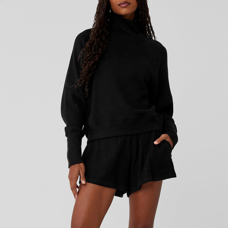 New Waffle High Collar Hoodie Long Sleeve High Waist Casual Versatile Leg Tights Fitness Sports Set for Women 241125 - view 7