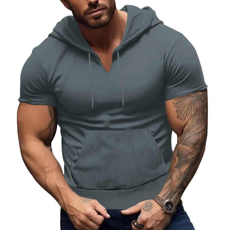 2025 Sports and Fitness Short sleeved T-shirt Men's Hoodie Sticked Pocket Fit Top