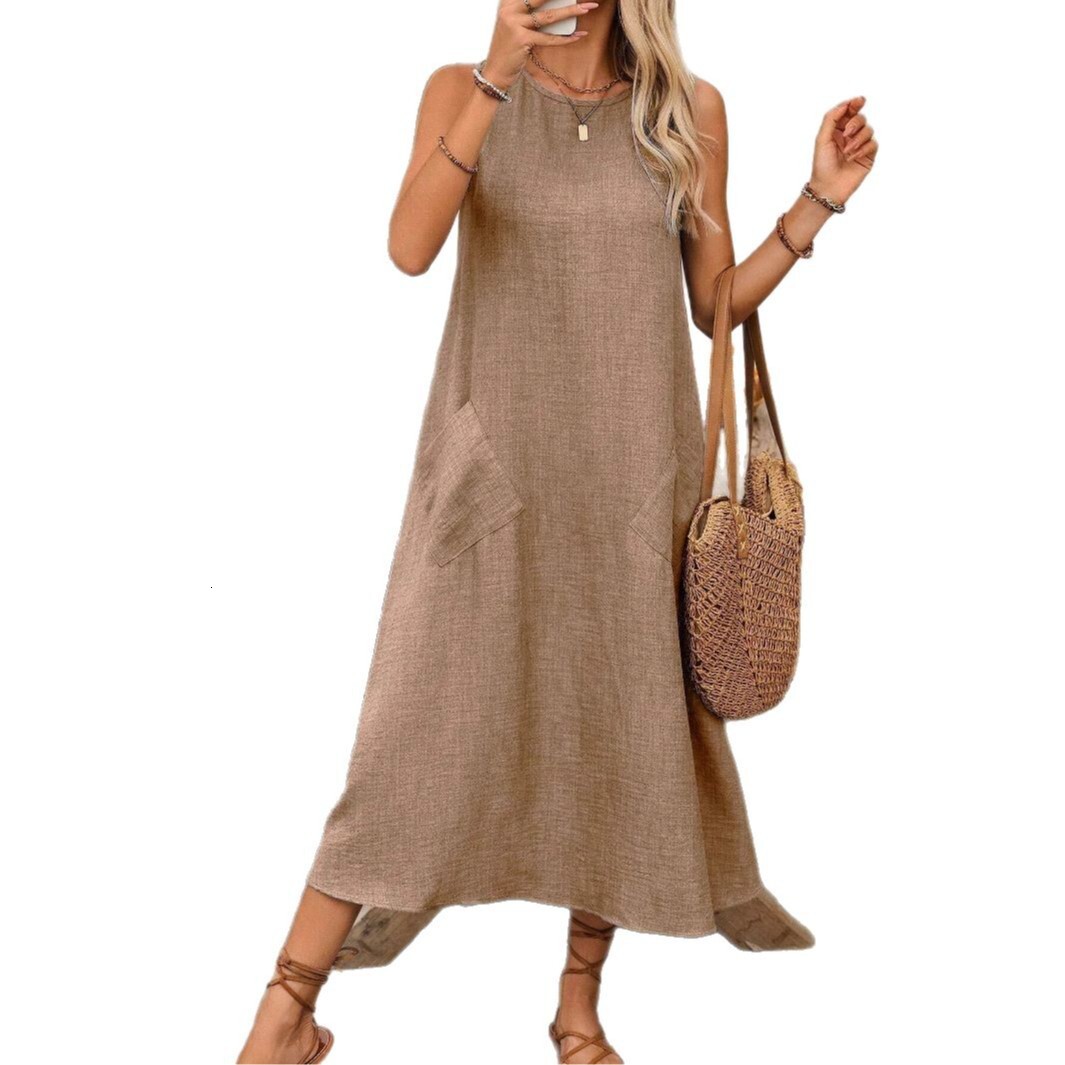 Women's clothing 2025 spring/summer pullover round neck sleeveless pocket long skirt casual loose dress