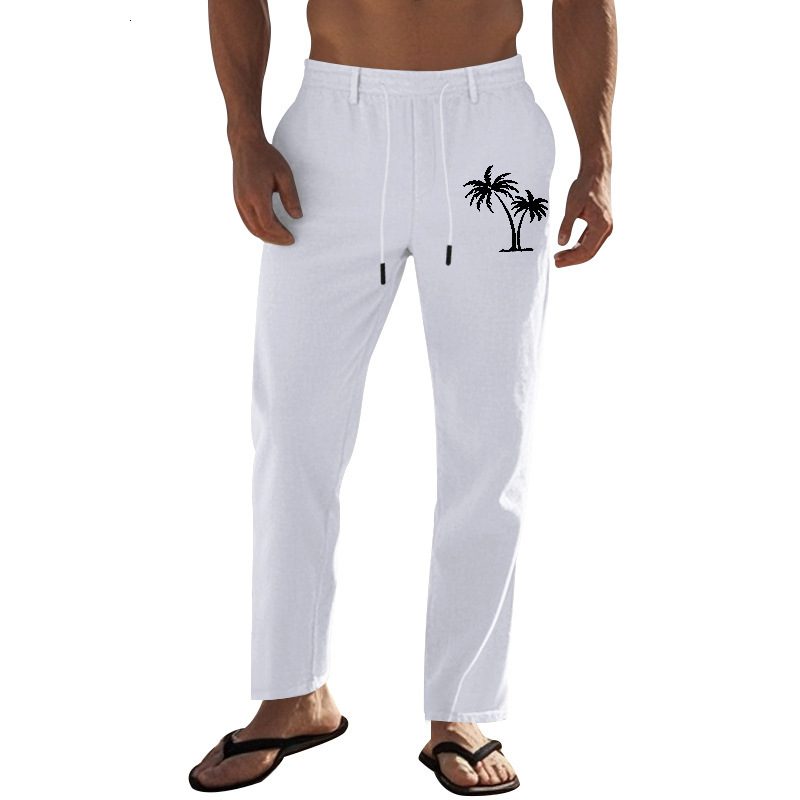 American men's coconut tree print breathable linen loose casual sports pants for men