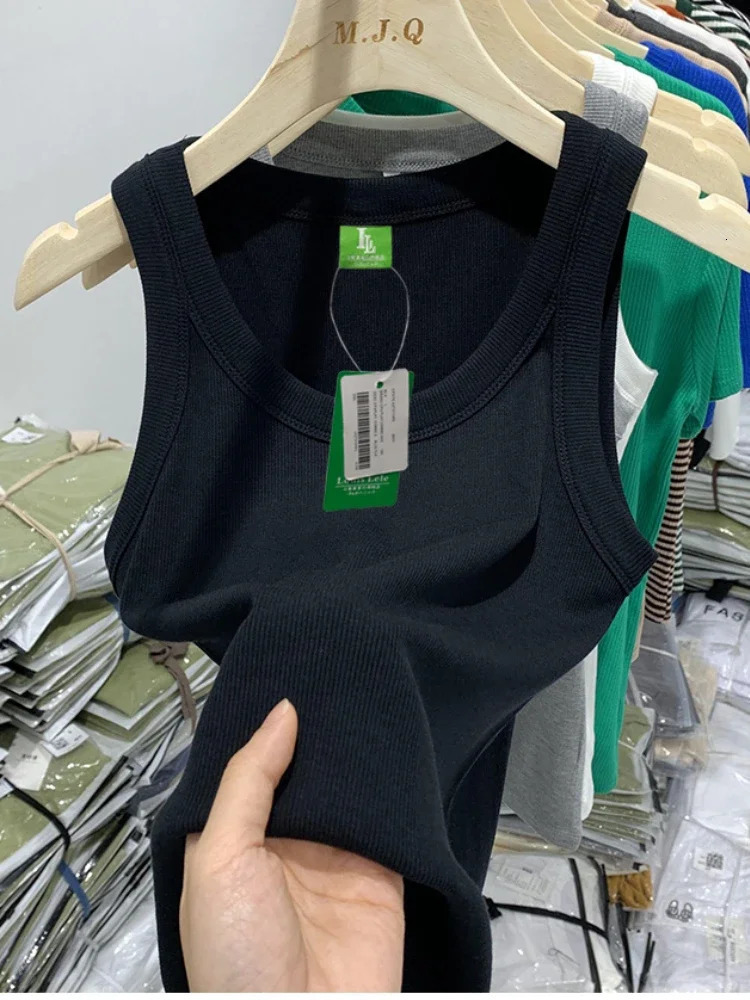 Summer womens sleeveless pure thin vest top sexy gray white black basic elastic Oneck 250414