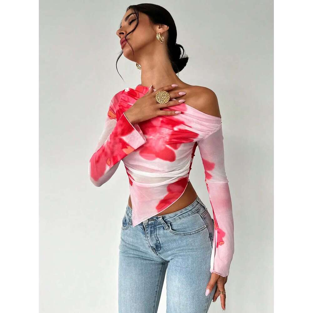 Sweet Spice Personality Style Mesh Print Diagonal Shoulder Long Sleeve Irregular Off-the-shoulder Short Top for Women