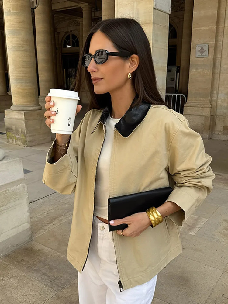 Fashion patch work collar jacket womens casual long sleeved zipper loose womens jacket spring womens clothing 250414