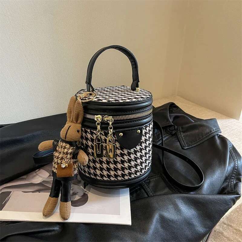Bucket Plaid Woolen Fashion Designer Small Handbag Female Mini Crossbody Round Cyder One Shoulder Bag