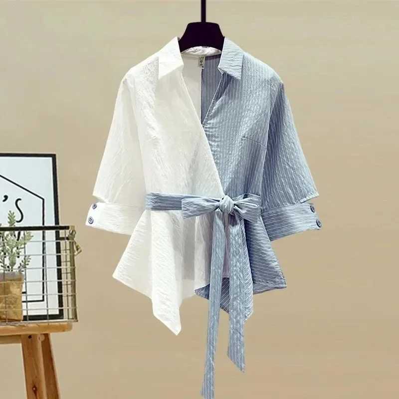 2025 Summer New Korean Ele Splicing Short Sved Shirt+Jeans Two Piece Set Womens Chic Lace Top Denim Pants Matching SetXJ250414