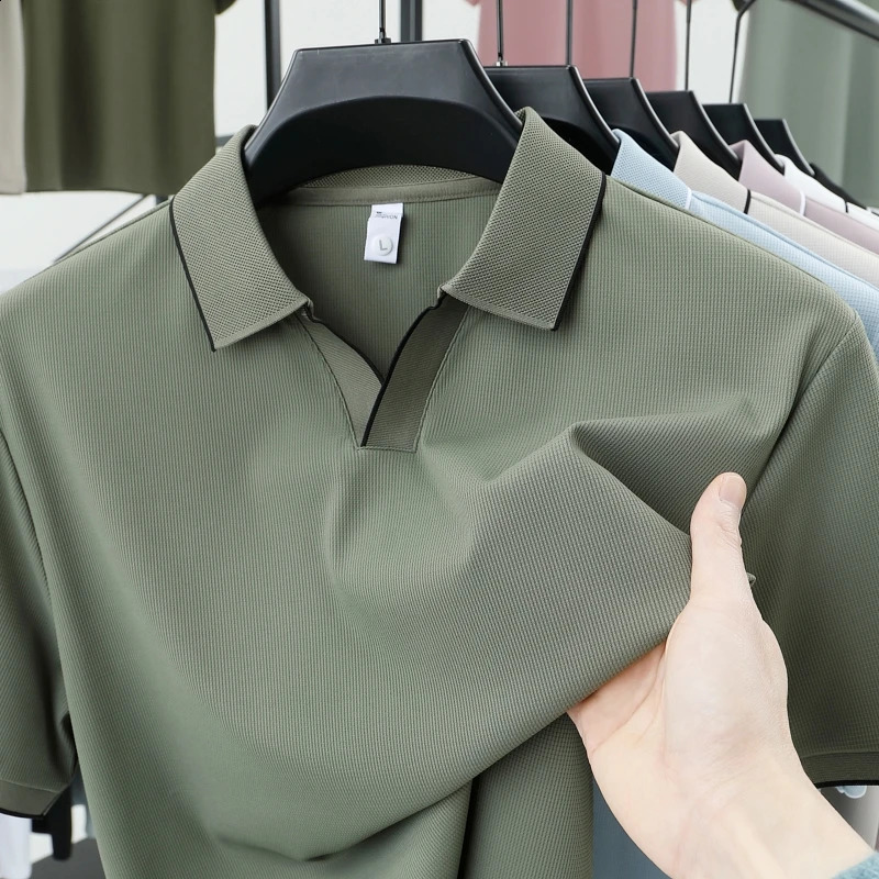2025 summer high-end polo shirt fashion trend mens cotton t-shirt ice silk business casual lapel short sleeved solid 250411