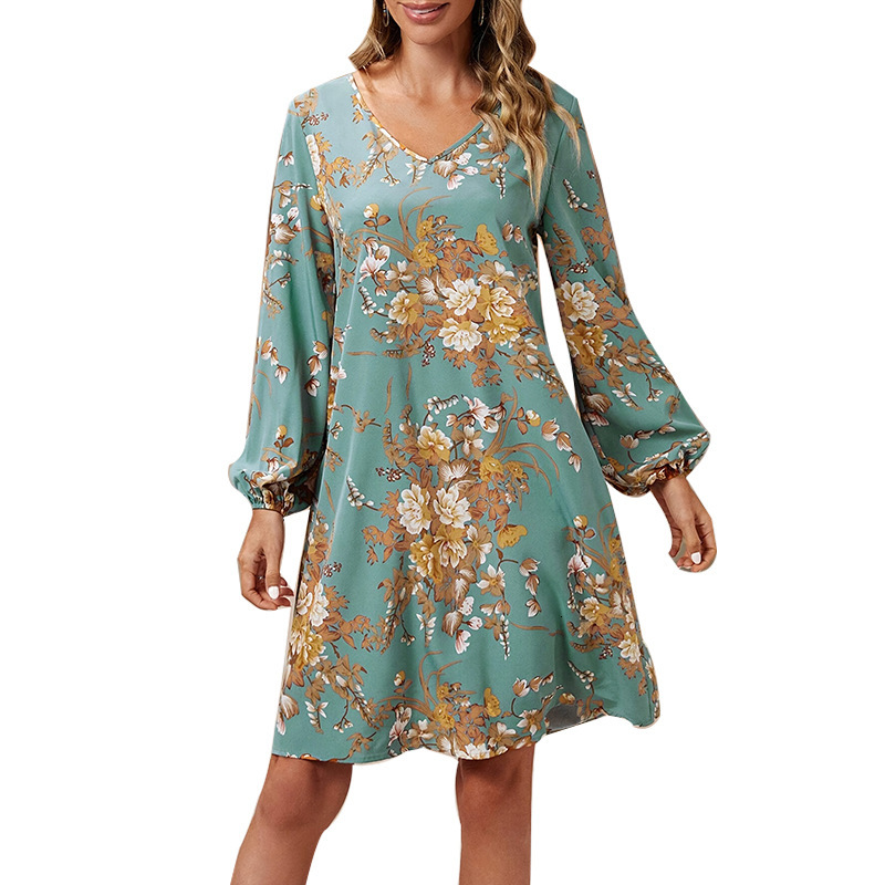 Womens ins long sleeved dress 2025 new product loose floral A-line mid length skirt