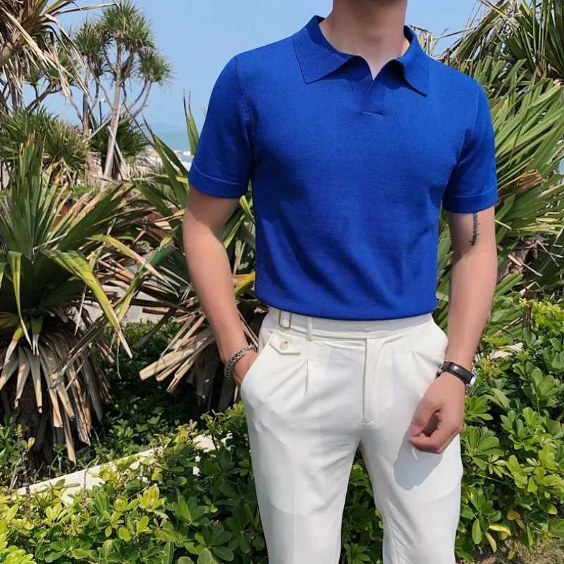 Mens summer fashion simple casual thin basic knitted polo shirt mens solid short sleeved ultra-thin breathable floral top W250414