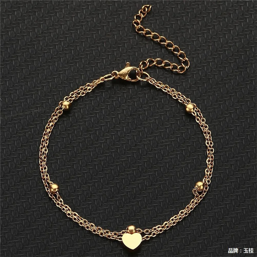 Double layered heart-shaped charm anklet suitable for women in summer gold silver stainless steel anklet anklet 250408