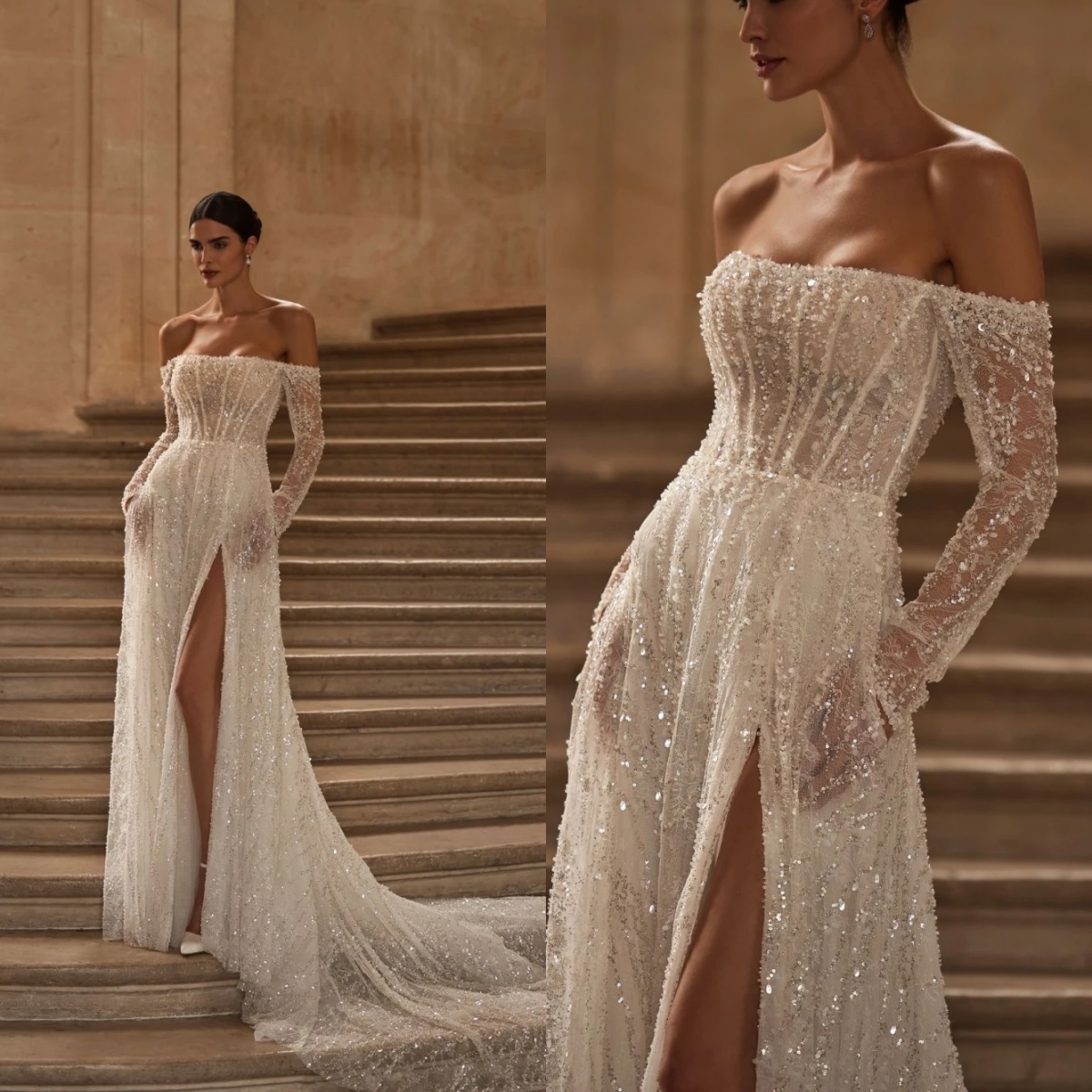 Vintage A Line Women Wedding Dress Off Shoulder Long Sleeves Bridal Gowns Sequins Lace Split Side Sweep Train Dress Custom Made