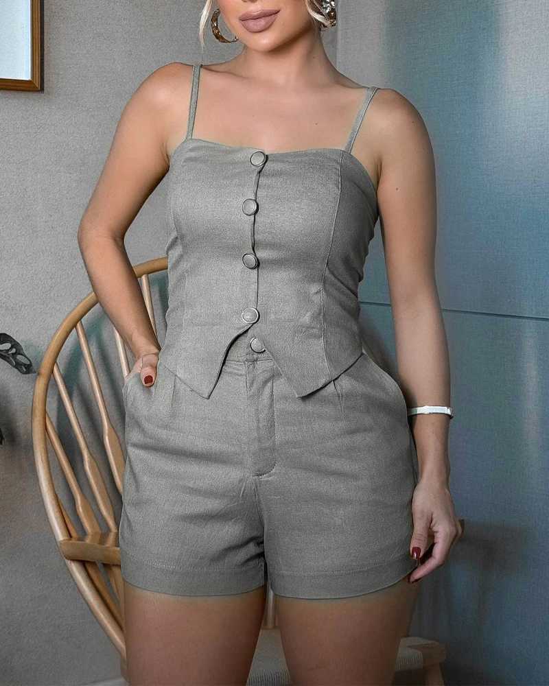 Summer 2025 2-piece Bandeau spaghetti strap button front seam hem top and pocket design ultra-thin setXJ250414