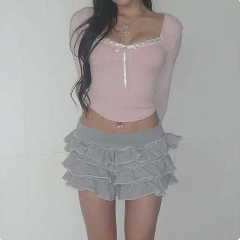 Mooyu Cute Bandage Bow Cropped Top Pink Coquette Sweet T Shirts Fall Spring Casual Square Collar Tees Women y2k Aesthetic