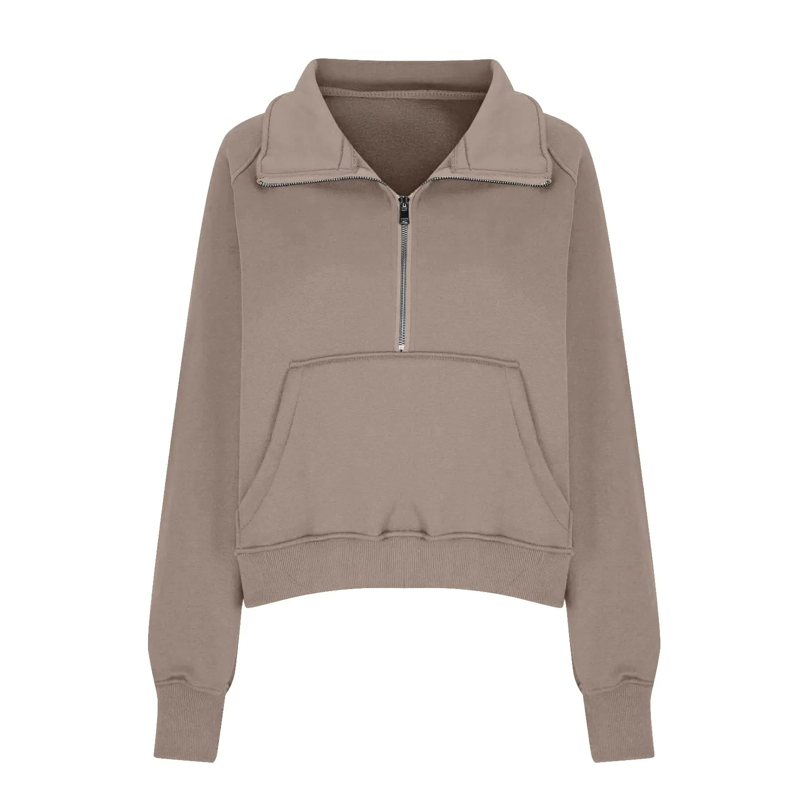 Womens standing collar with wool solid color hooded sweatshirt long sleeved pocket loose half zipper top 250414Z