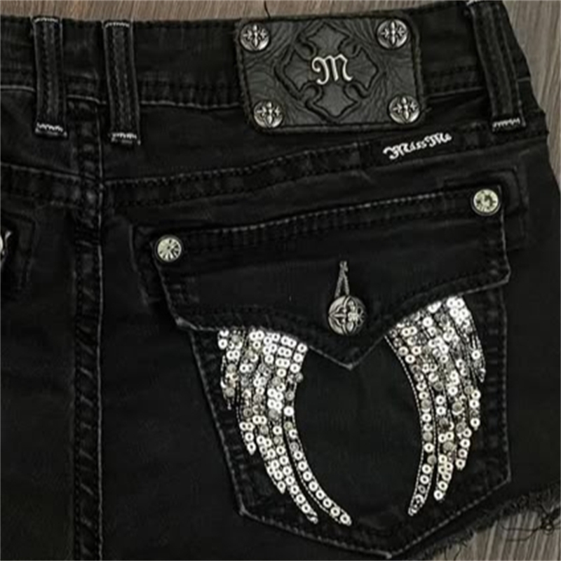 Women Black Denim Shorts Winged Crystal Embellishment Stylish Distressed n with Rhinestone Detail Trendy Casual Wear Summer 250411