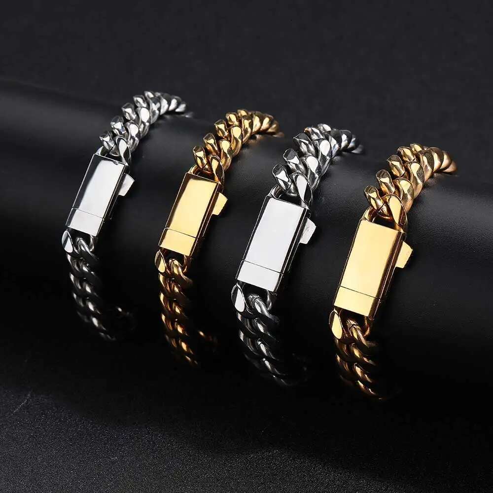 ESKEEM Drop Shipping Hip Hop Rock Jewelry Cuban Bracelet Free Custom Name Miami Cuban Link Stainless Steel Bracelet For Men