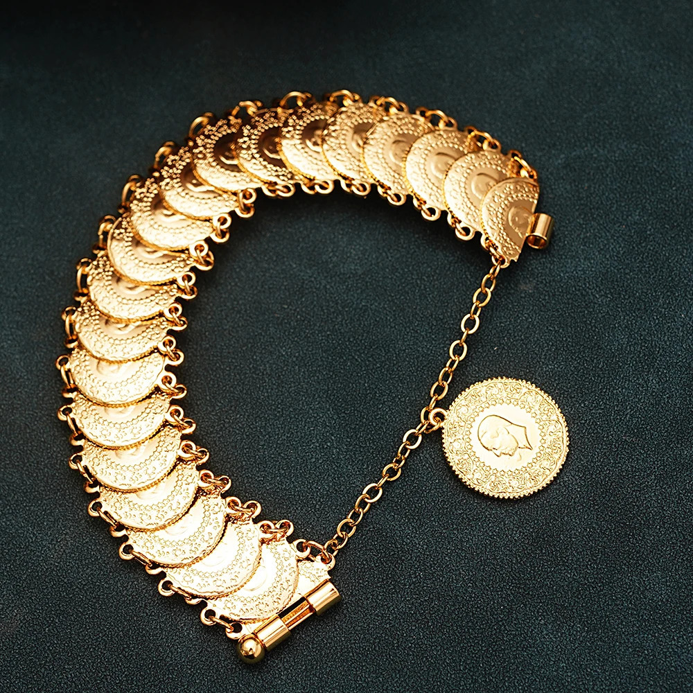 Gold Plated Ottoman Turkish Totem Chain Bracelet Coin Cuff Bangles for Bridal Ethnic Womens Jewelry Bijoux 251113 - view 5
