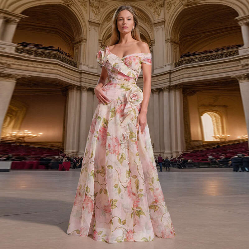 Designer Mingyuan Spring 2025 V-Neck Long Dress for Women - Floral Print with Three-Dimensional Detailing