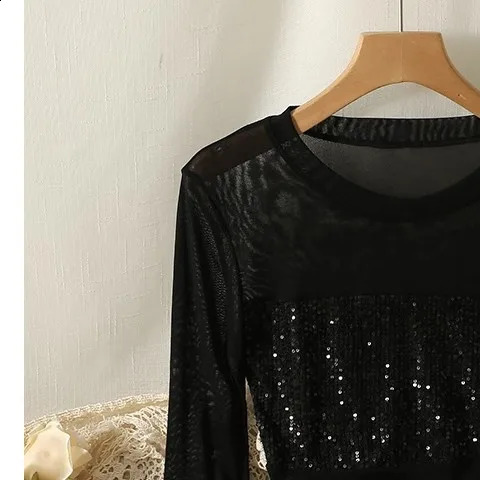 French patchwork mesh long sleeved womens autumn slim fit top 250407