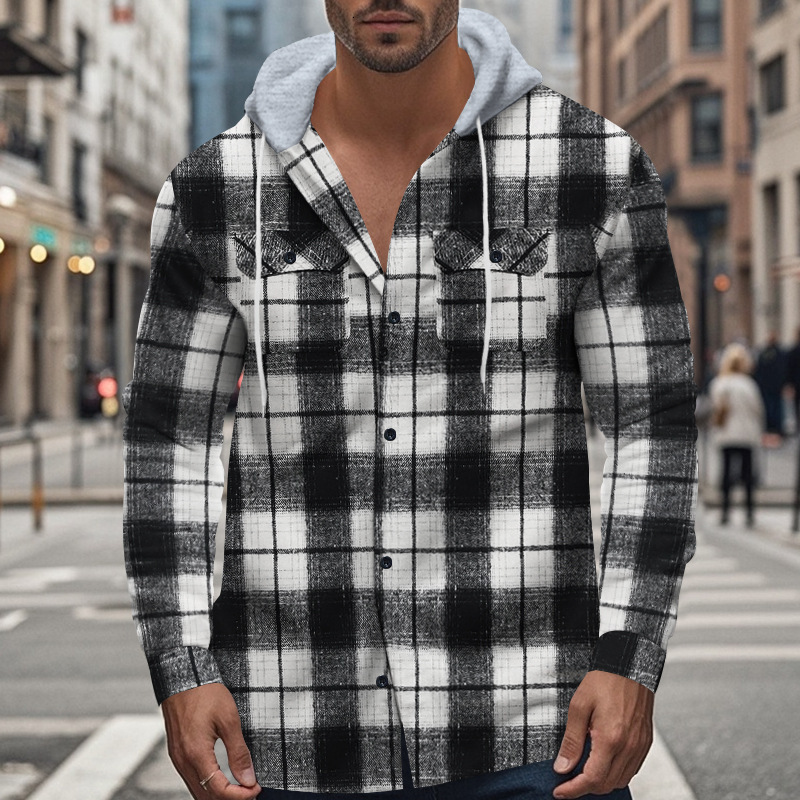 American plaid men's autumn and winter hooded flannel jacquard shirt casual jacket men
