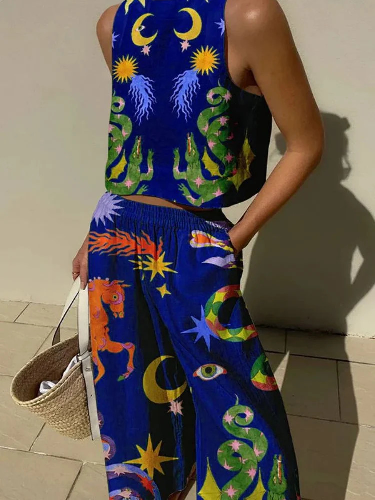 Printed Women Clothing Sleeveless Short Top Loose Pants 2-piece Set Spring/summer Hawaiian Beach Casual Set Innovative In 2024 250414