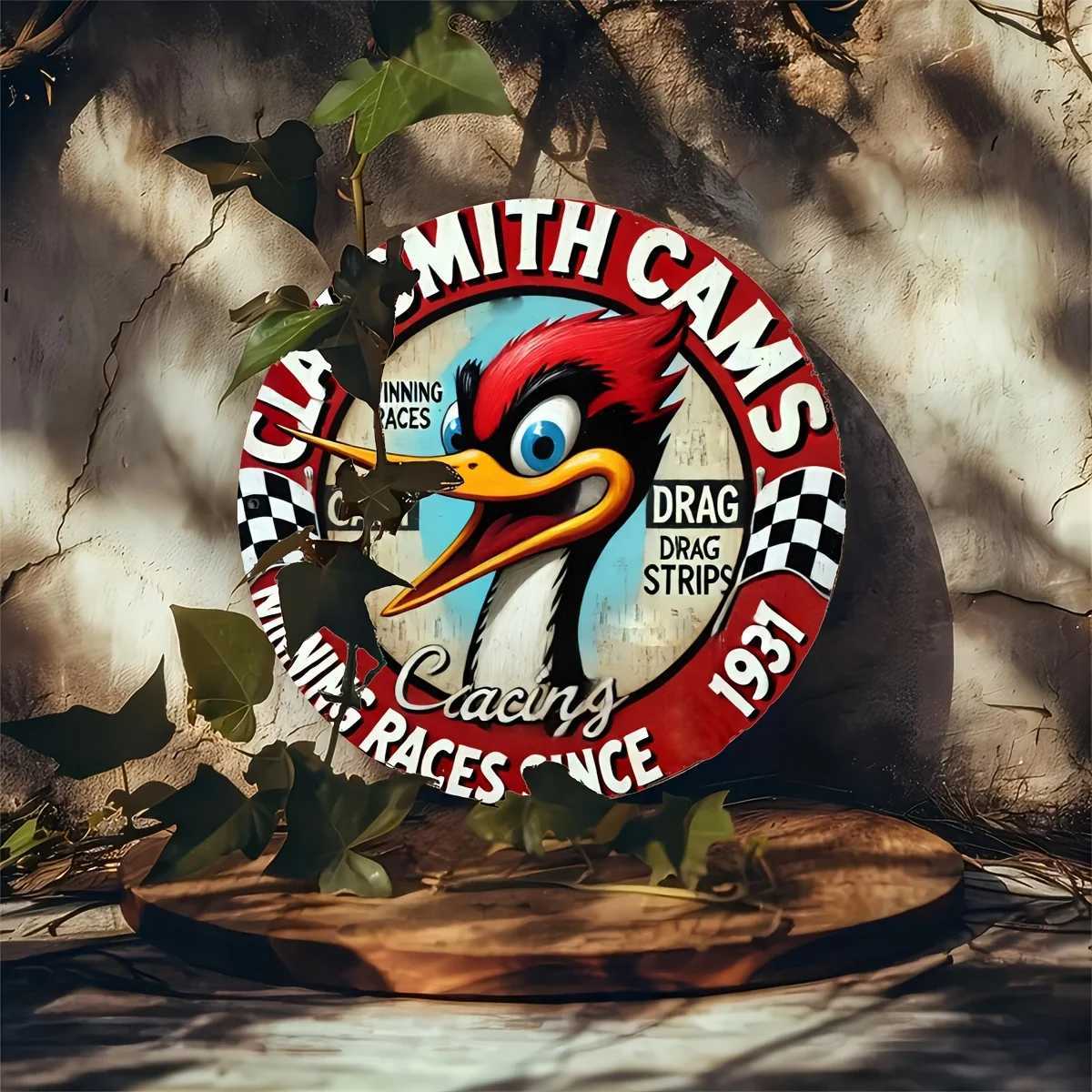 Terracotta Smith Cam Vintage Round Aluminum Sign 8x8 Inch Woodpecker Racing Theme Metal Plate for Home Restaurant CafeM251114