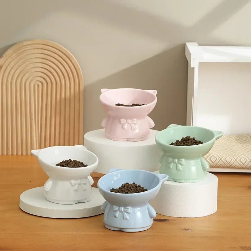 Ceramic Cat Bowl Combination Double Bowl High Feet Oval Mouth Neck Protection Drinking Water Dog Basin Cat Bowl Pet Supplies 250414