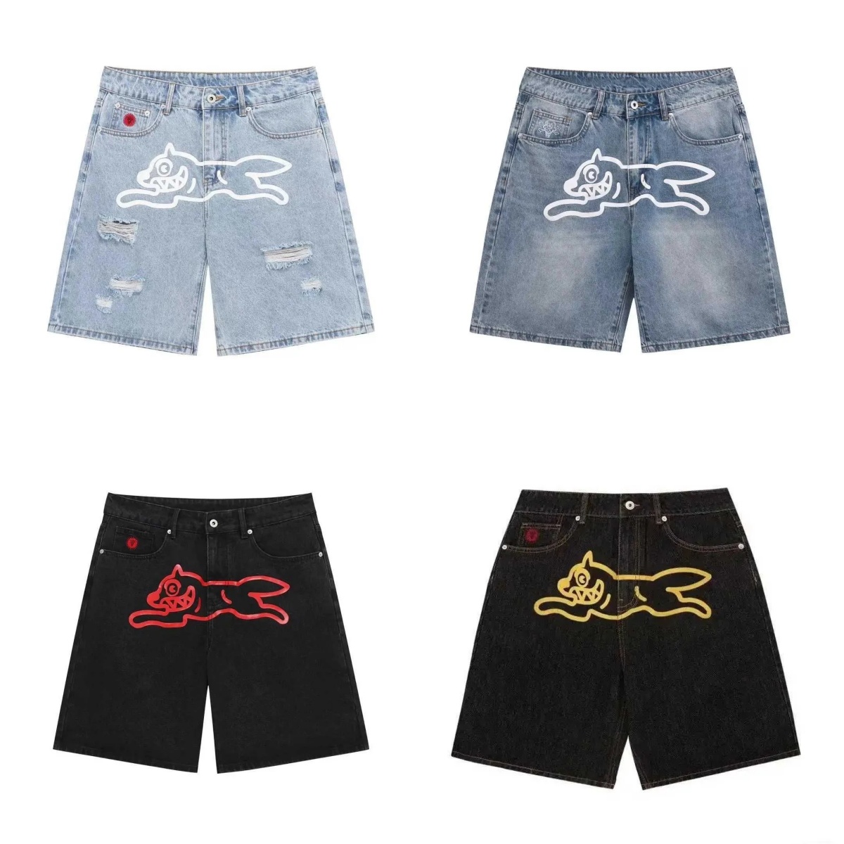 BBC Ice Cream American Retro High Street Ins Flying Dog Loose Version Wide Leg Jeans Beautiful Trendy Street Washed Denim Trousers For Men BBC Icecream Jorts