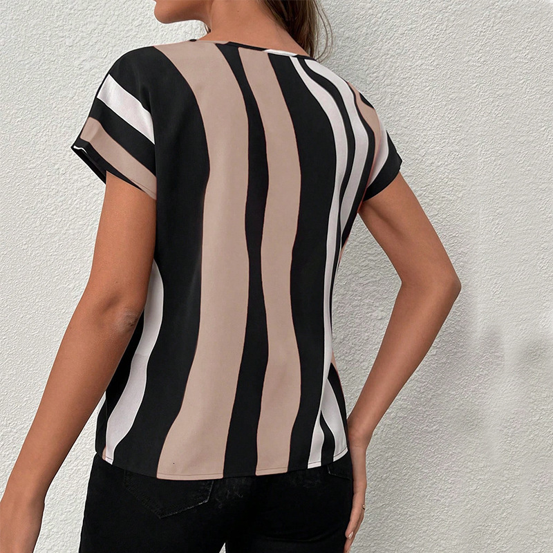 Womens clothing 2025 summer vacation style striped shirt V-neck short sleeved pullover shirt