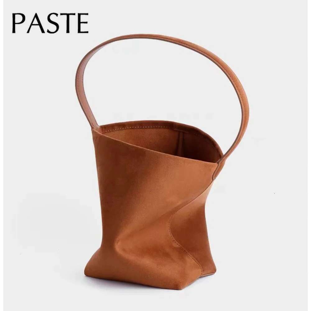 Retro Niche Design Glossy Cowhide Suede Leather Bucket Tote 2 Sizes Deep Grey Women Handbag Buckskin Commter Shoulder Bag