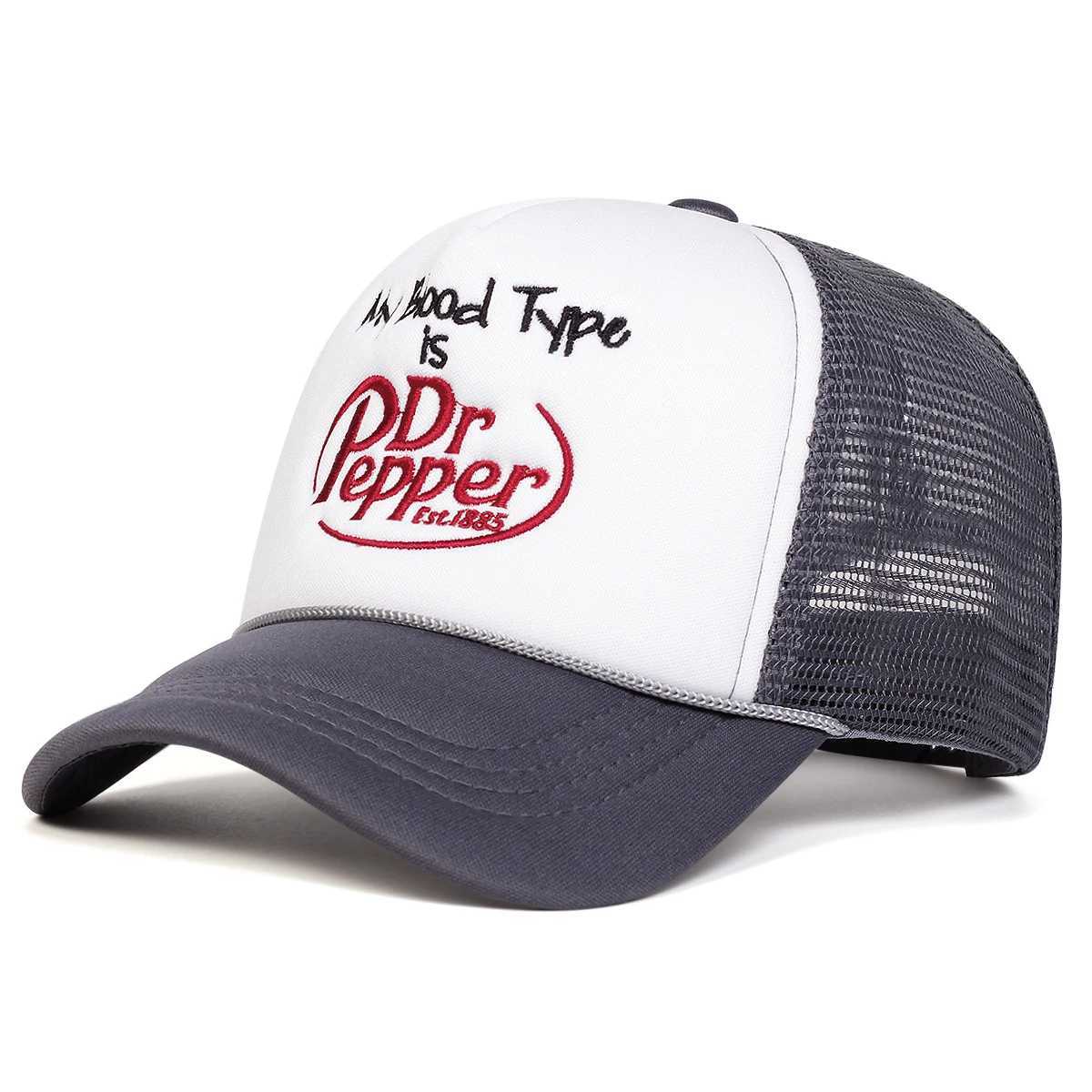 The unisex My Blood Type is a Dr Pepper embroidered baseball mesh cap for spring and summer outdoor sun protection adjustable casual truck cap W250414