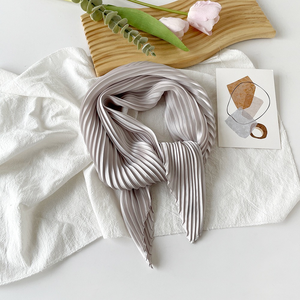 K390 Solid color 70cm pleated small silk scarf for women Japanese and Korean small fresh headscarf neck scarf small shawl fashion