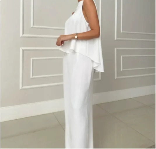 Elegant womens solid color two-piece summer loose sleeveless top high waisted wide leg pants Urban casual womens pants set 250414