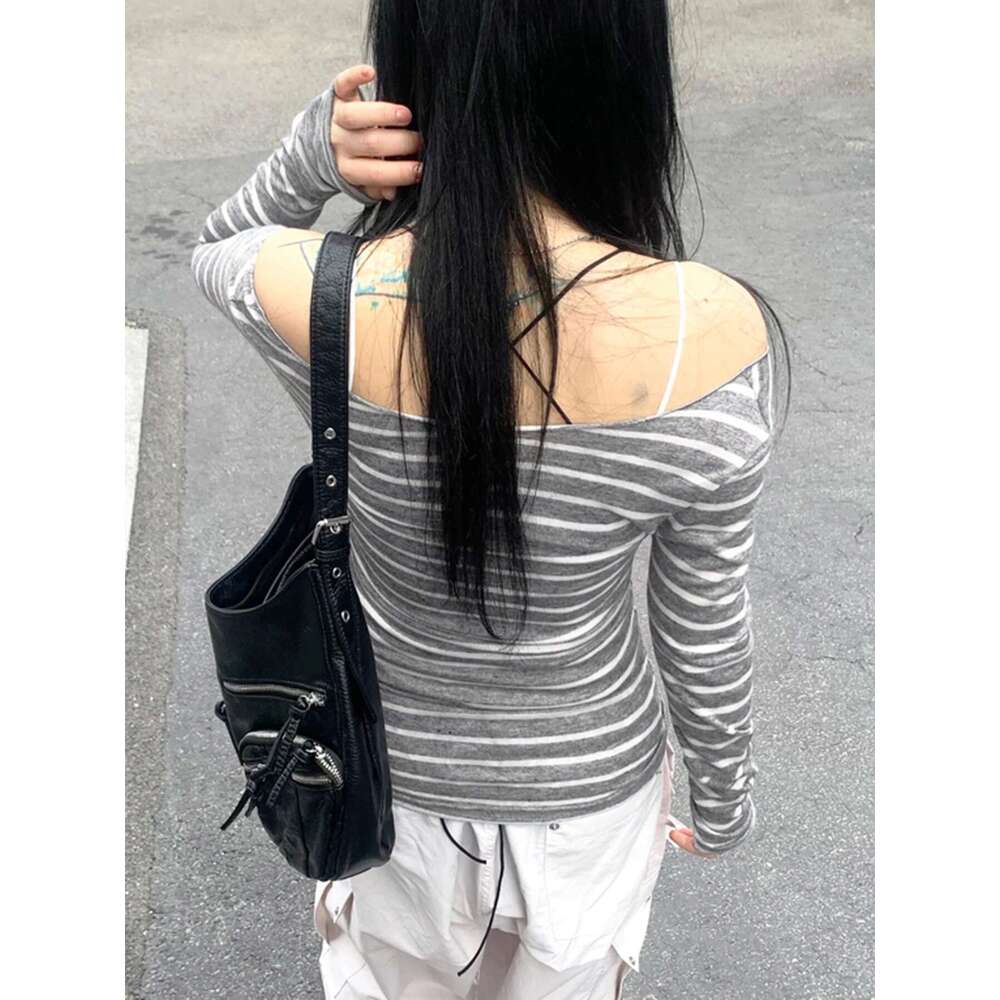 Sweetown Japanese Basic Slim Long Sleeve Stripe Tee Off Shoulder O Neck Korean Street Style Spring Autumn Y2K Gray T Shirt Women