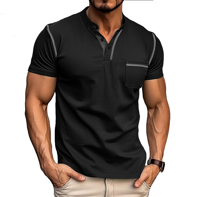 2024 Summer Mens Short sleeved Mens T-shirt Mens Henry Shirt Color Block T-shirt Mens