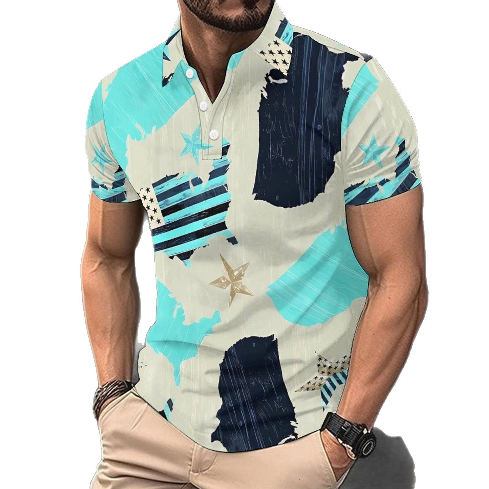 2025 summer collar digital printed polo shirt fashion casual men's American short sleeved T-shirt
